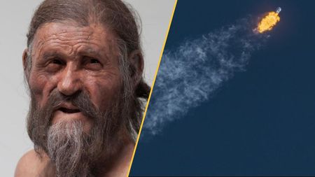 A smiling prehistoric man and a rocket lifting off to the heavens.