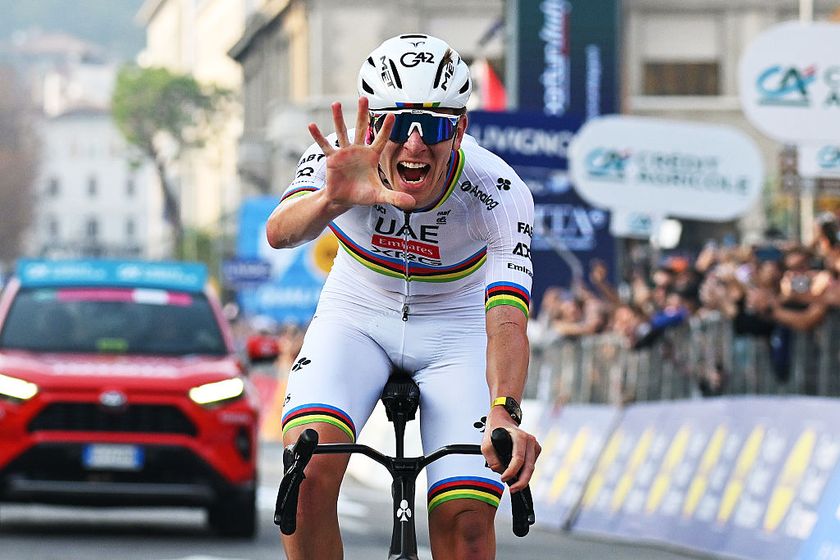 BERGAMO, ITALY - OCTOBER 11: Tadej Pogacar of Slovenia and Team UAE Team Emirates celebrates at finish line as race winner during the 119th Il Lombardia 2025 a 241km one day race from Como to Bergamo on October 11, 2025 in Bergamo, Italy. (Photo by Dario Belingheri/Getty Images)