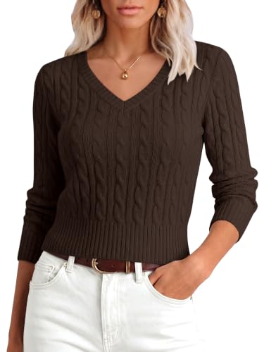 Anrabess Sweaters for Women Fall Lightweight Cropped V Neck Cable Knit