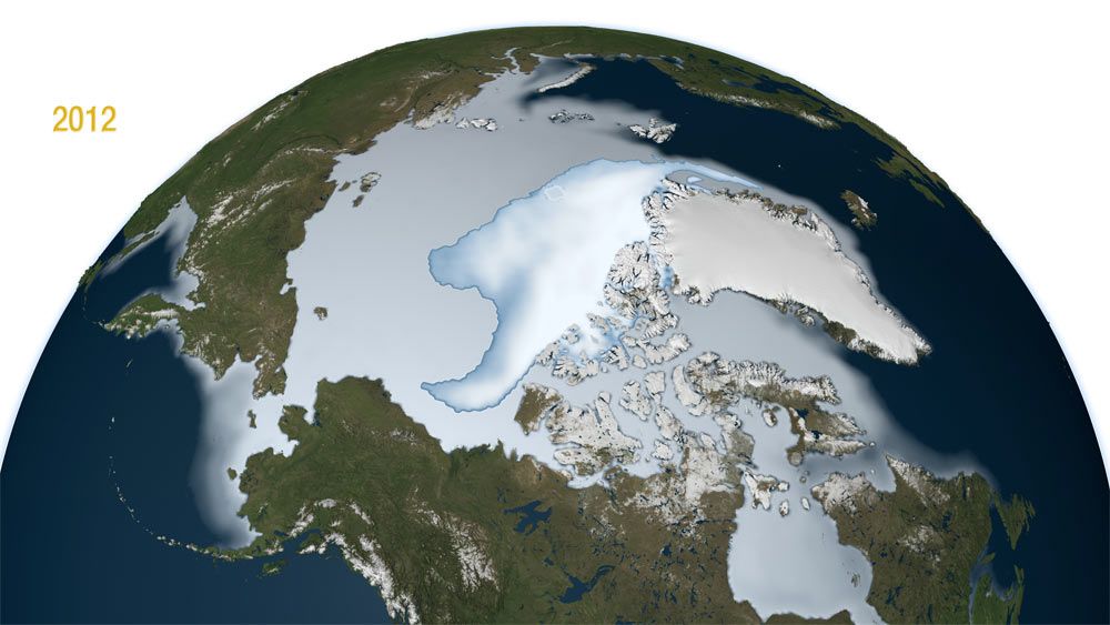 The bright white central mass shows the perennial sea ice, which is just the multi-year ice that has survived at least one summer, while the larger light blue area shows the full extent of the winter sea ice including the average annual sea ice during the