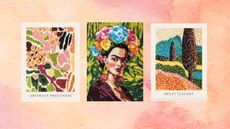 Three Desenio prints from the Candy Garden collection made entirely of jelly beans on a peachy background. Left shows abstract pattern with green, orange, pink, middle is Frida Kahlo, and right trees by river scene 