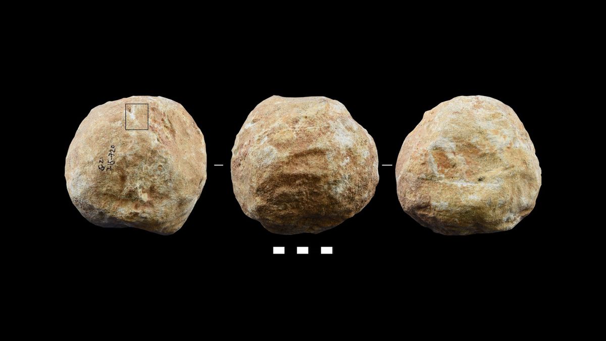 Different sides of a prehistoric stone crafted ball found at Qesem Cave in Israel. 