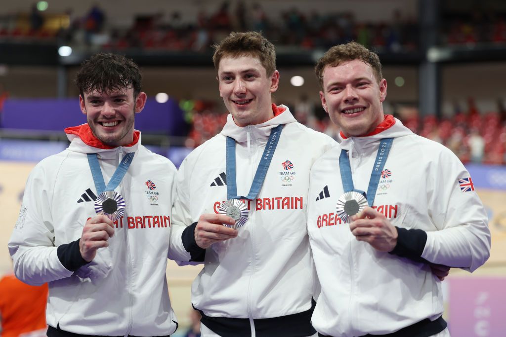 PARIS FRANCE AUGUST 06 Silver medalists Ed Lowe Hamish Turnbull Jack Carlin of Team Great Britain pose on the podium after the Mens Team Sprint Finals on day eleven of the Olympic Games Paris 2024 at SaintQuentinenYvelines Velodrome on August 06 2024 in Paris France Photo by Tim de WaeleGetty Images