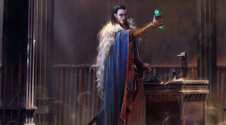Strahd, a vampire stands holding a glowing fragment of the rod of seven parts.
