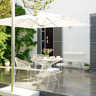 patio garden with white wall and trees
