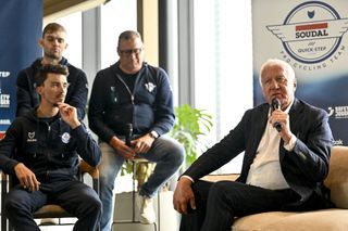 Soudal Quick-Step CEO Patrick Lefevere (R) and French cyclist Julian Alaphilippe during the team's pre-Opening Weekend press conference
