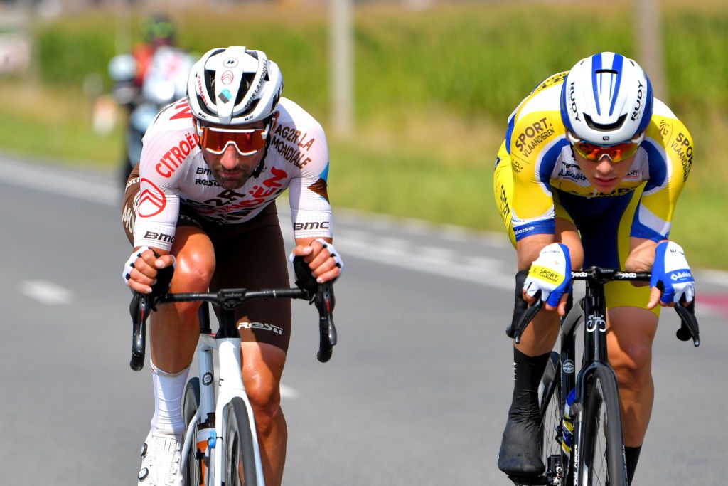 ARDOOIE BELGIUM SEPTEMBER 02 Julien Duval of France and AG2R Citren Team and Rune Herregodts of Belgium and Team Sport Vlaanderen Baloise compete in the breakaway during the 17th Benelux Tour 2021 Stage 4 a 1661km stage from Aalter to Ardooie BeneluxTour on September 02 2021 in Ardooie Belgium Photo by Luc ClaessenGetty Images