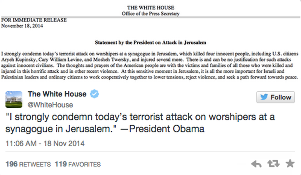 Obama on Jerusalem attack: &amp;#039;No justification&amp;#039; for killing innocent civilians