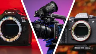 Triptych of the Canon EOS R5 II, Blackmagic Pyxis 6K and Sony A1 II cameras