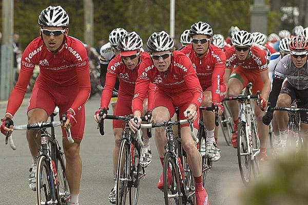 The Drapac Porsche team on the front of the peloton during the final stage in Westbury.