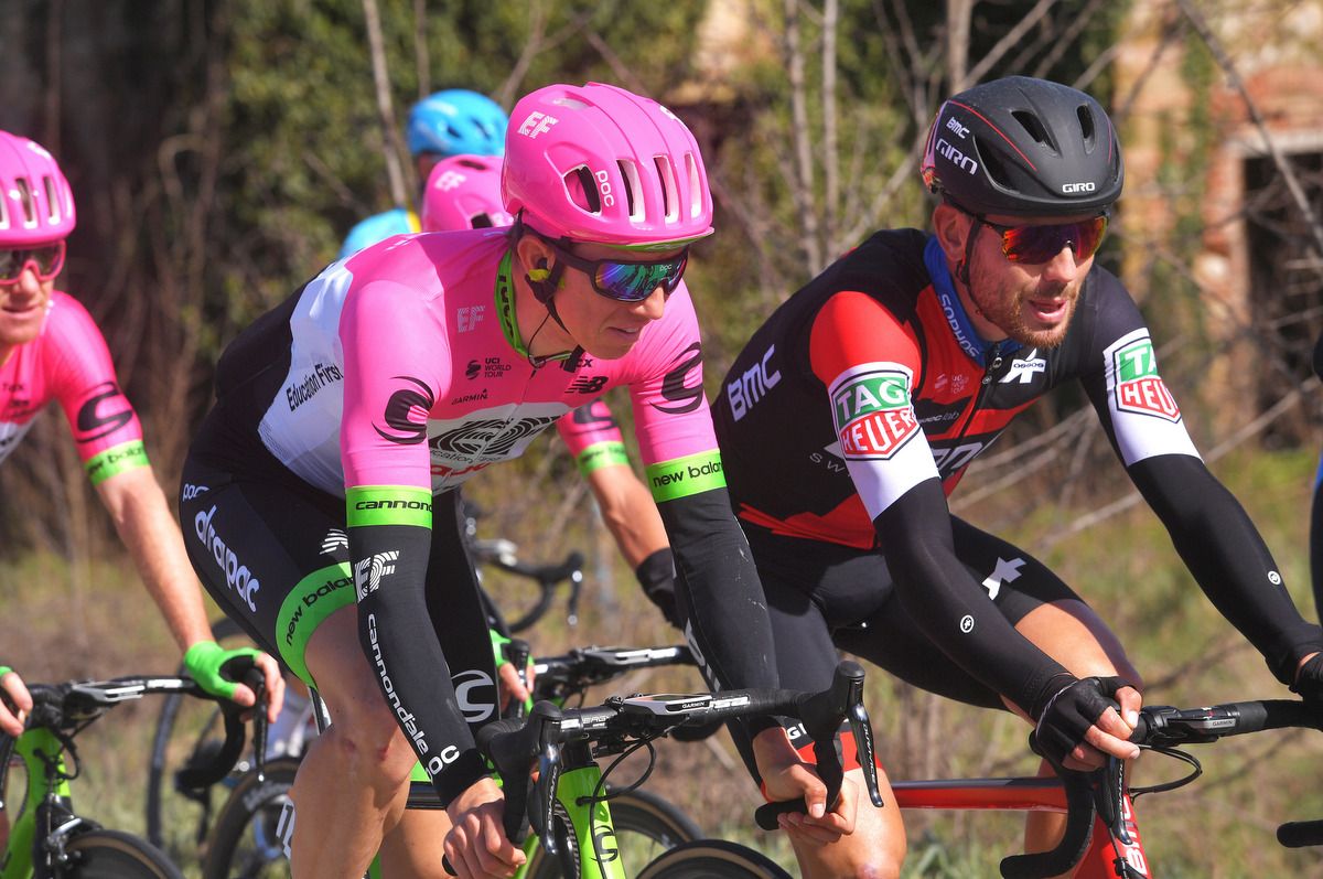 Paddy Bevin (BMC Racing Team) chats with former teammate Sep Venmarcke