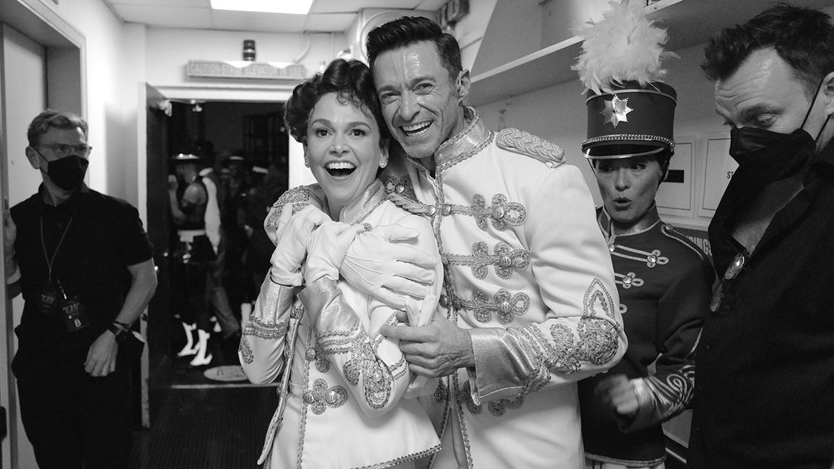 Sutton Foster and Hugh Jackman in Broadway production of the Music Man, hugging. Black and White photo.