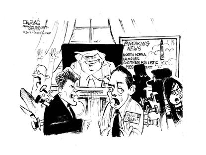 Political cartoon U.S. White House chaos Reince Priebus Scaramucci North Korea missiles