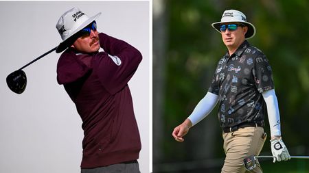 PGA Tour winner Joel Dahmen hitting a tee shot (Left) and walking with his putter (right)