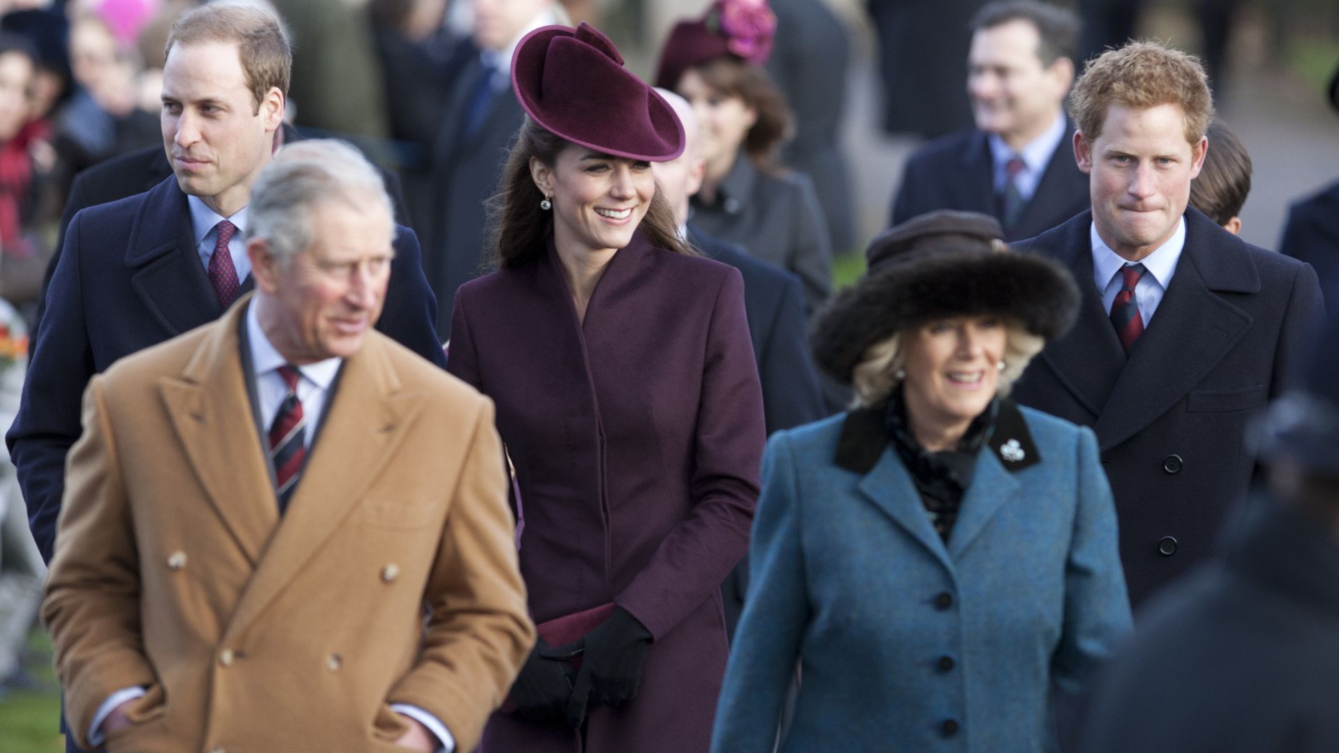 King Charles, Prince William, Prince Harry, Queen Camilla and Kate Middleton heading to St Mary Magdalene Church, Sandringham in 2011