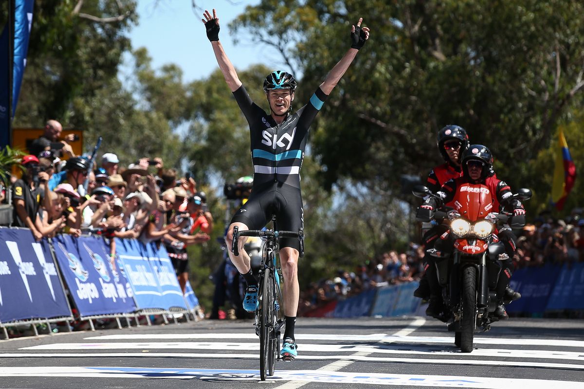Chris Froome celebrates his first win of the season