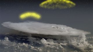 This NASA illustration is a still from an animation depicting how thunderstorms on Earth can create beams of antimatter particles and hurl them into space.