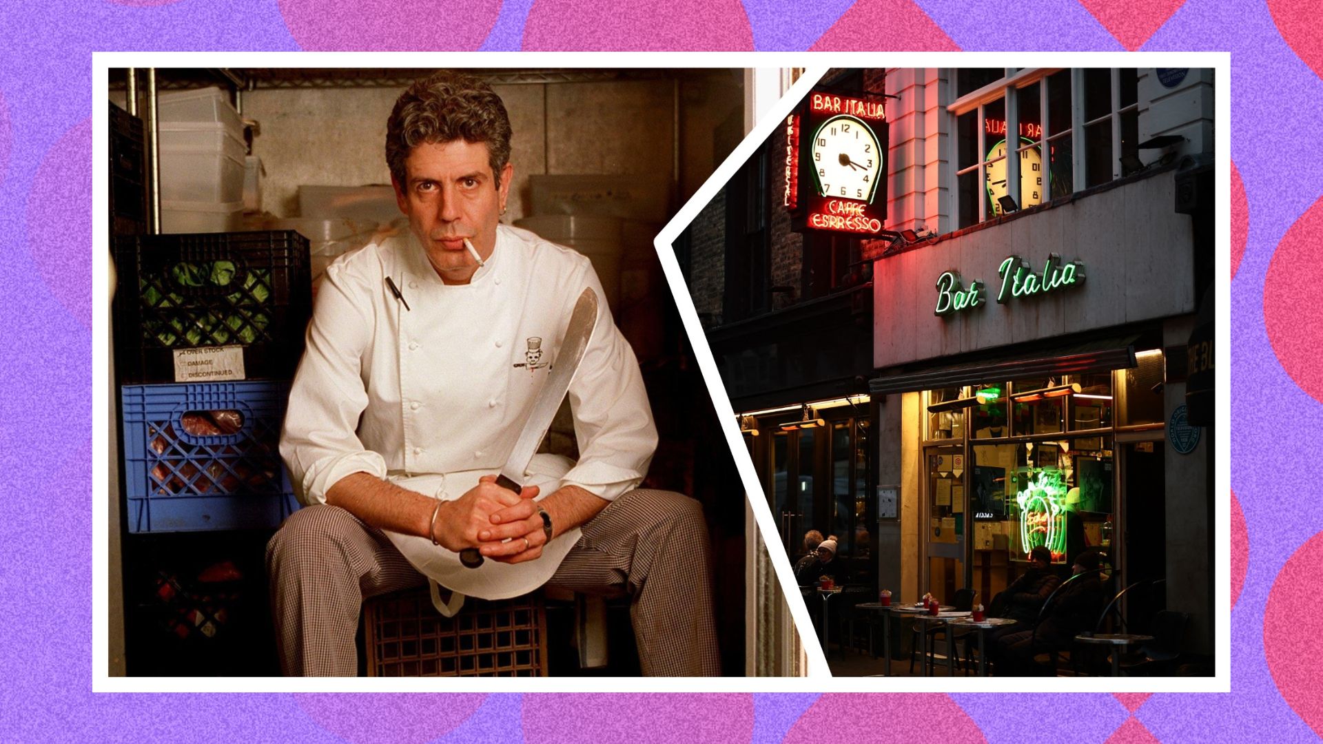 an image of Anthony Bourdain in 2000 posing inside the refrigerator at Les Halles on Park Avenue, spliced with an image of Bar Italia in Soho