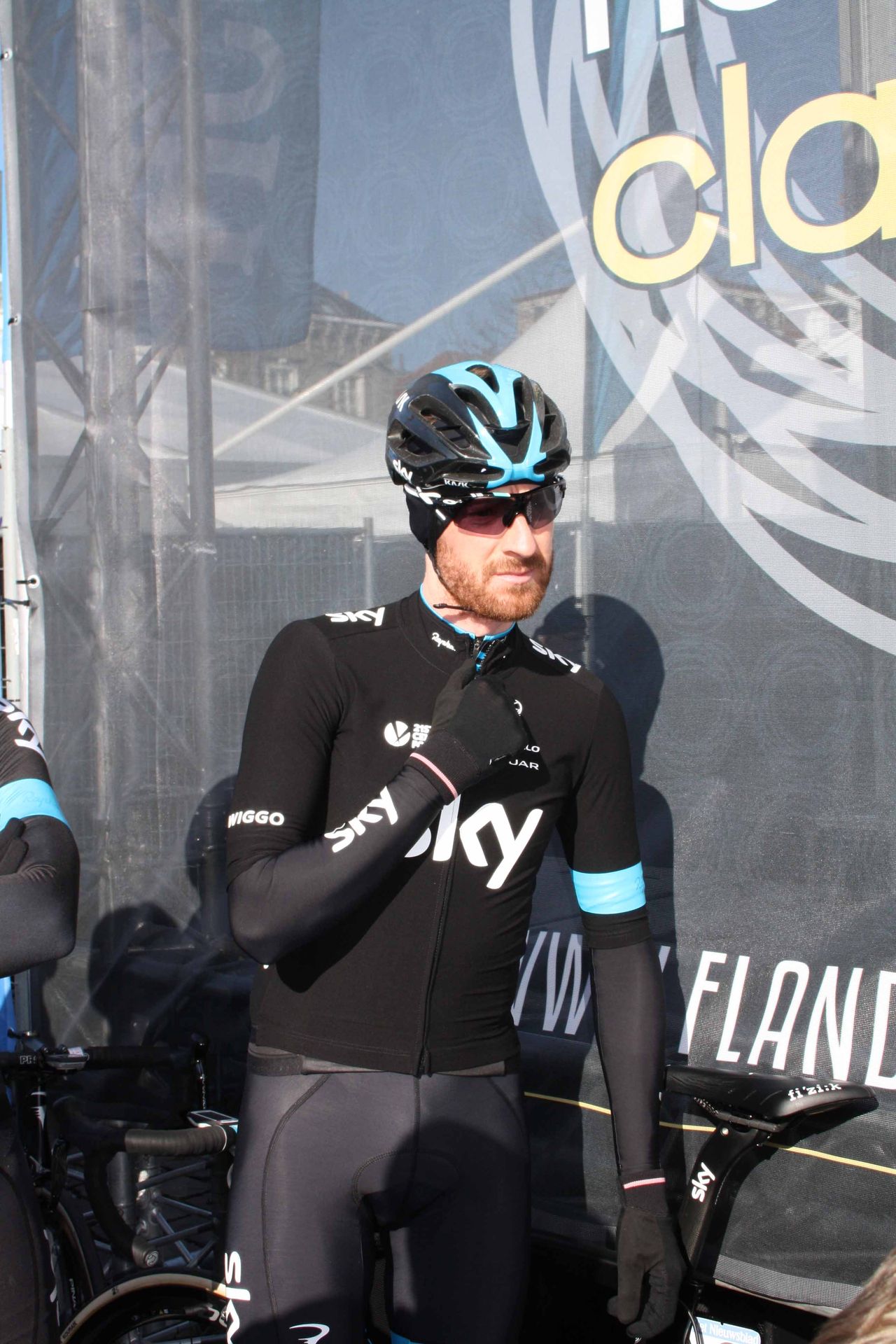 Bradley Wiggins (Sky) waits to sign on ahead of Omloop Het Nieuwsblad.
