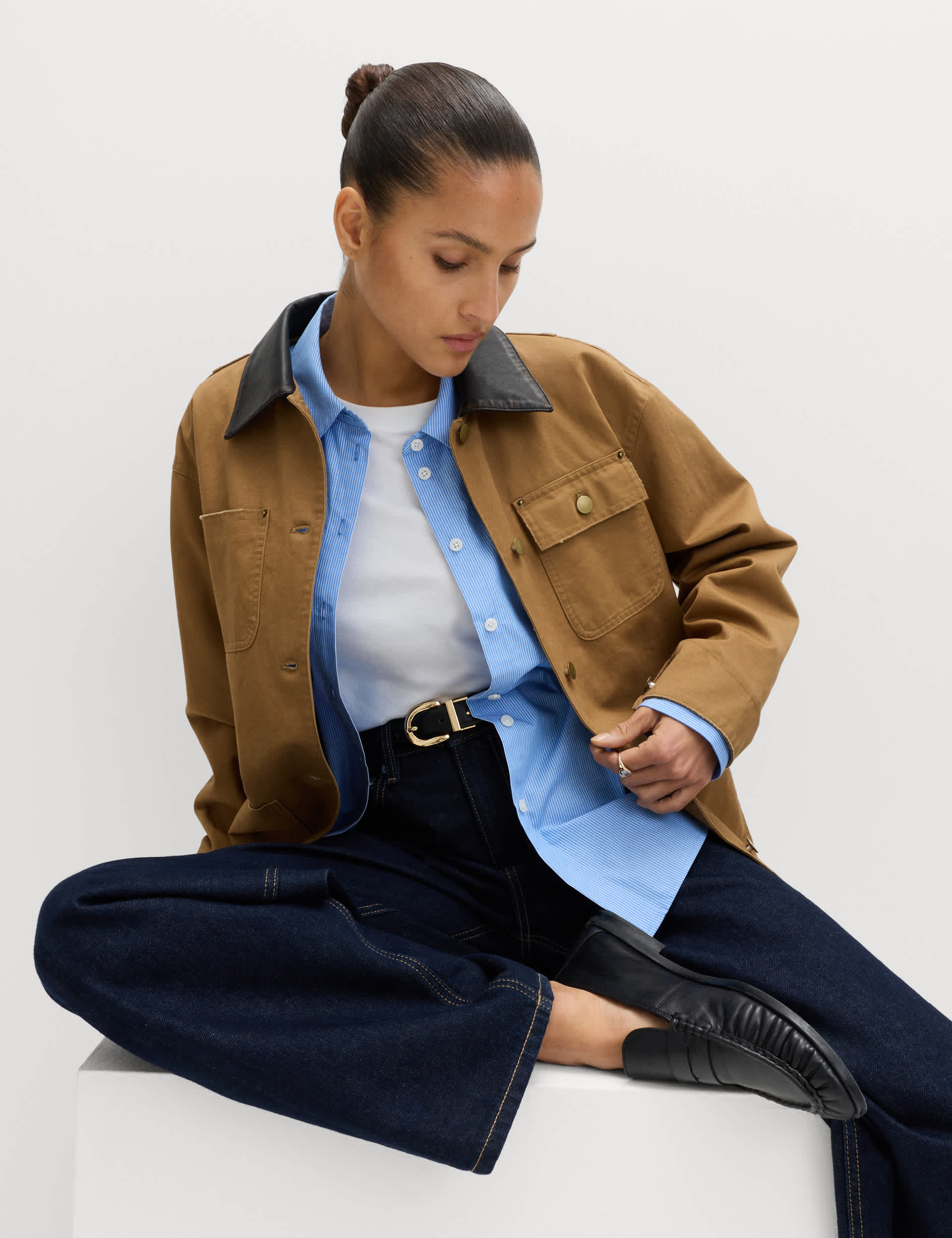 Pure Cotton Faux Leather Collared Barn Jacket