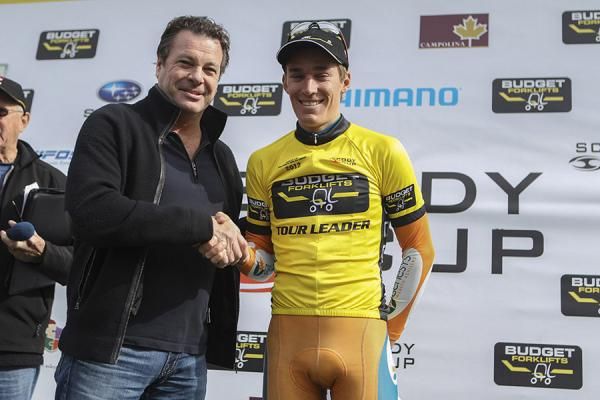 Anthony Giacoppo (Genesys) is congratulated for keeping the overall lead after Stage 3
