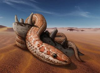 Life restoration of Najash rionegrina through the dunes of the landscape of the Kokorkom desert that extended across Río Negro (Northern Patagonia), Argentina during the Late Cretaceous (100 million years ago).