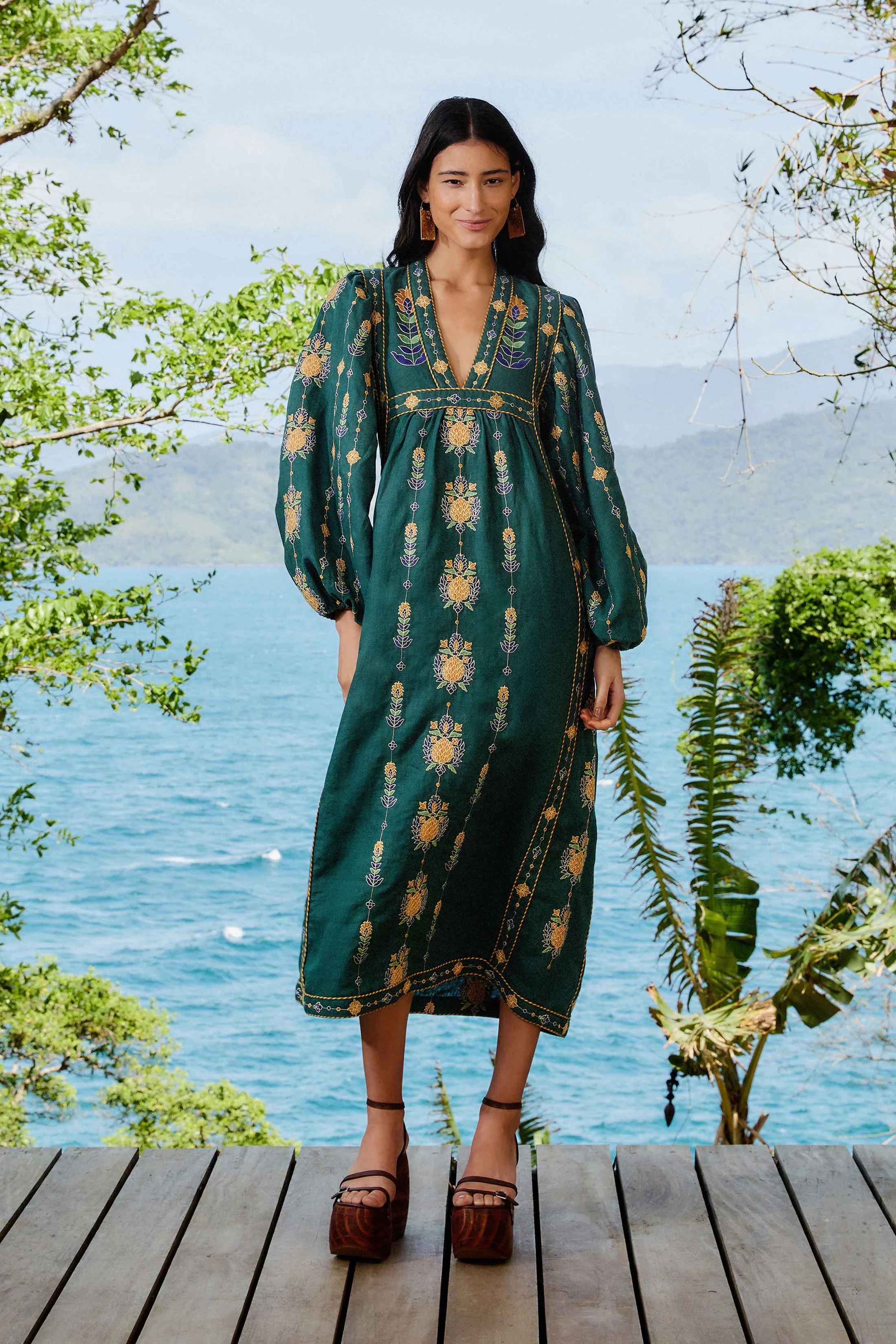FARM RIO ACTIVE, Green Pineapple Embroidered Euroflax™ Premium Linen Tunic Maxi Dress