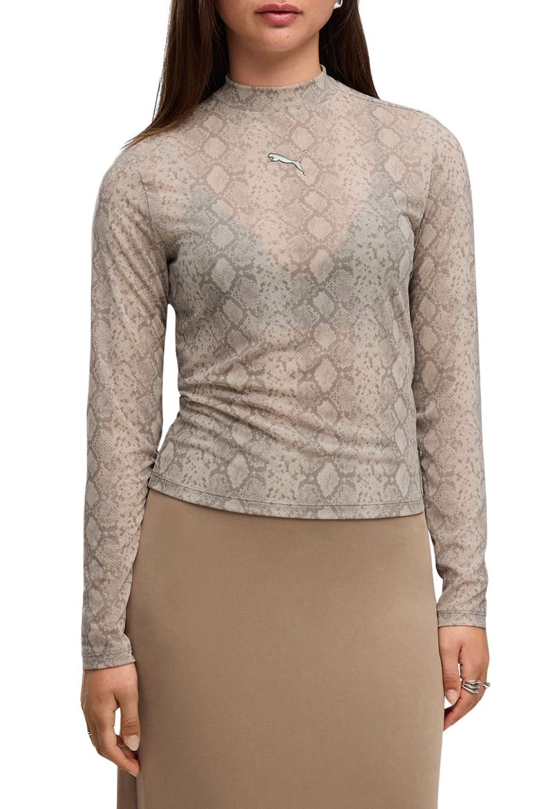 Aop Snake Print Mesh Long Sleeve T-Shirt