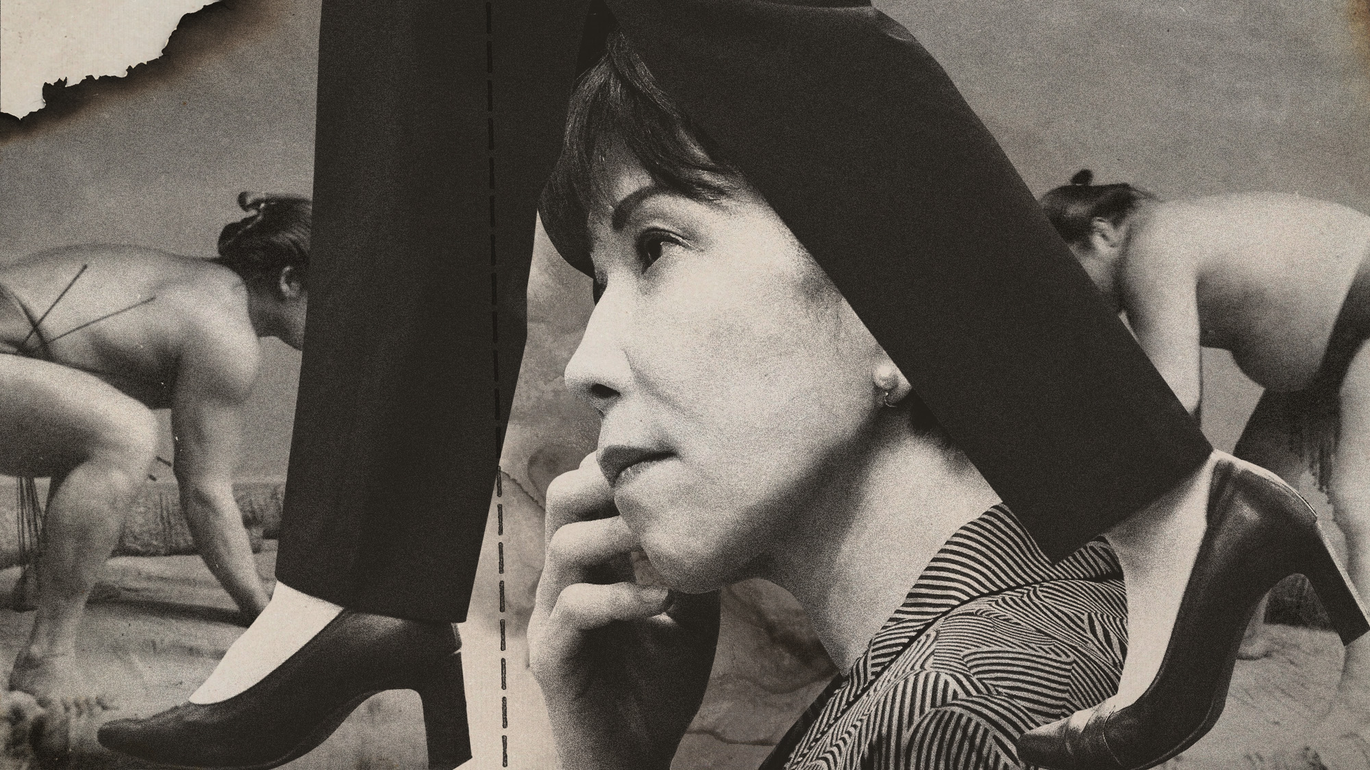 Photo collage of a woman's legs wearing business attire splitting the image into three parts. In the middle, there is Japan's prime minister Sanae Takeichi looking pensive; on either side of her, there's sumo wrestlers preparing for a bout