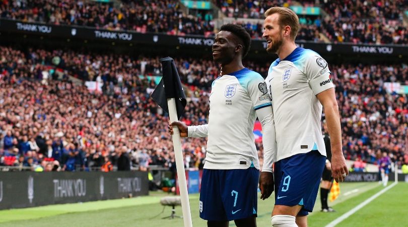 Bukayo Saka and Harry Kane celebrate after the Arsenal attacker scores England&#039;s second goal against Ukraine at Wembley in March 2023.