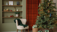 A living room featuring a christmas tree with lights