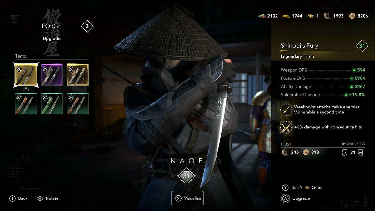 Assassin&#039;s Creed Shadows upgrade Naoe Tanto weapon