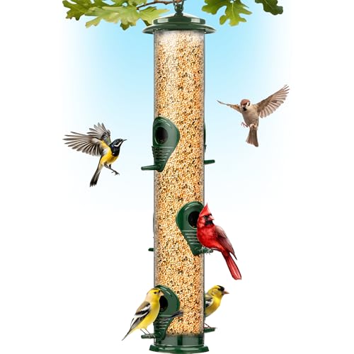 Bird Feeders for Outdoors (green) Squirrel Proof Hanging Bird Feeder With Locking Lid & Adjustable Hanger, Chew-Proof, Weather Resistant 16 Inches 6 Port