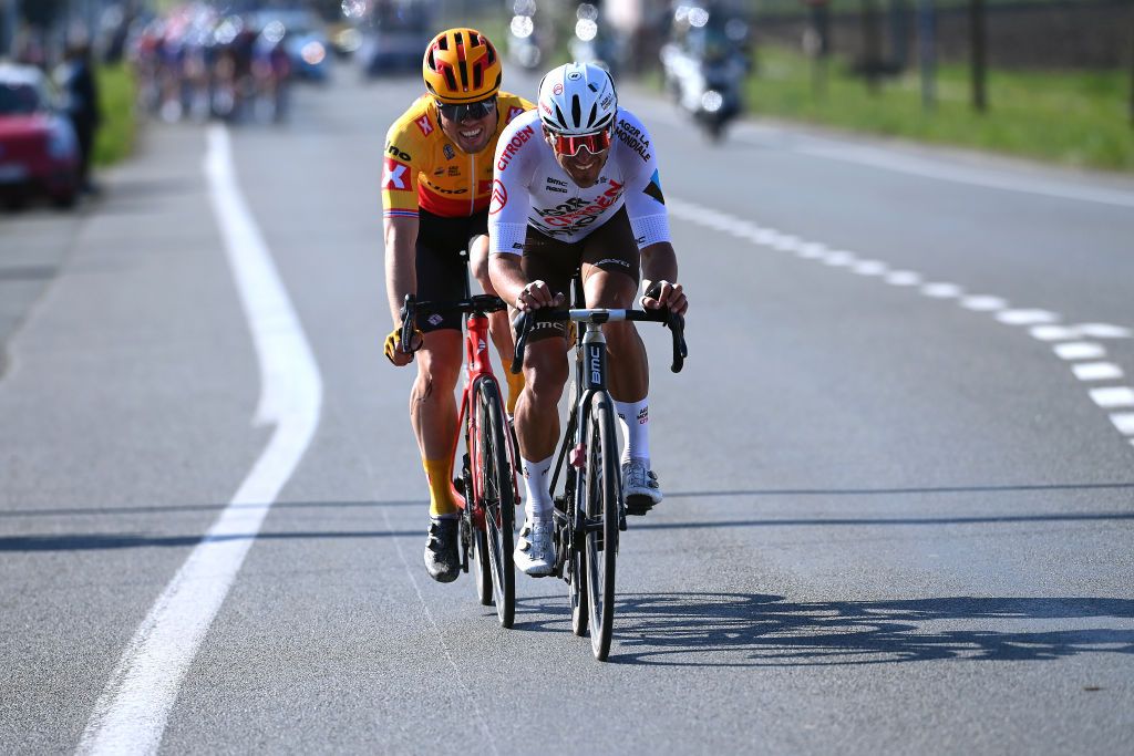 WEVELGEM BELGIUM MARCH 27 LR Rasmus Fossum Tiller of Norway and UNO X Pro Cycling Team and Greg Van Avermaet of Belgium and AG2R Citren Team compete during the 84th GentWevelgem in Flanders Fields 2022 Mens Elite a 2488km one day race from Ypres to Wevelgem GWE22 WorldTour on March 27 2022 in Wevelgem Belgium Photo by Tim de WaeleGetty Images