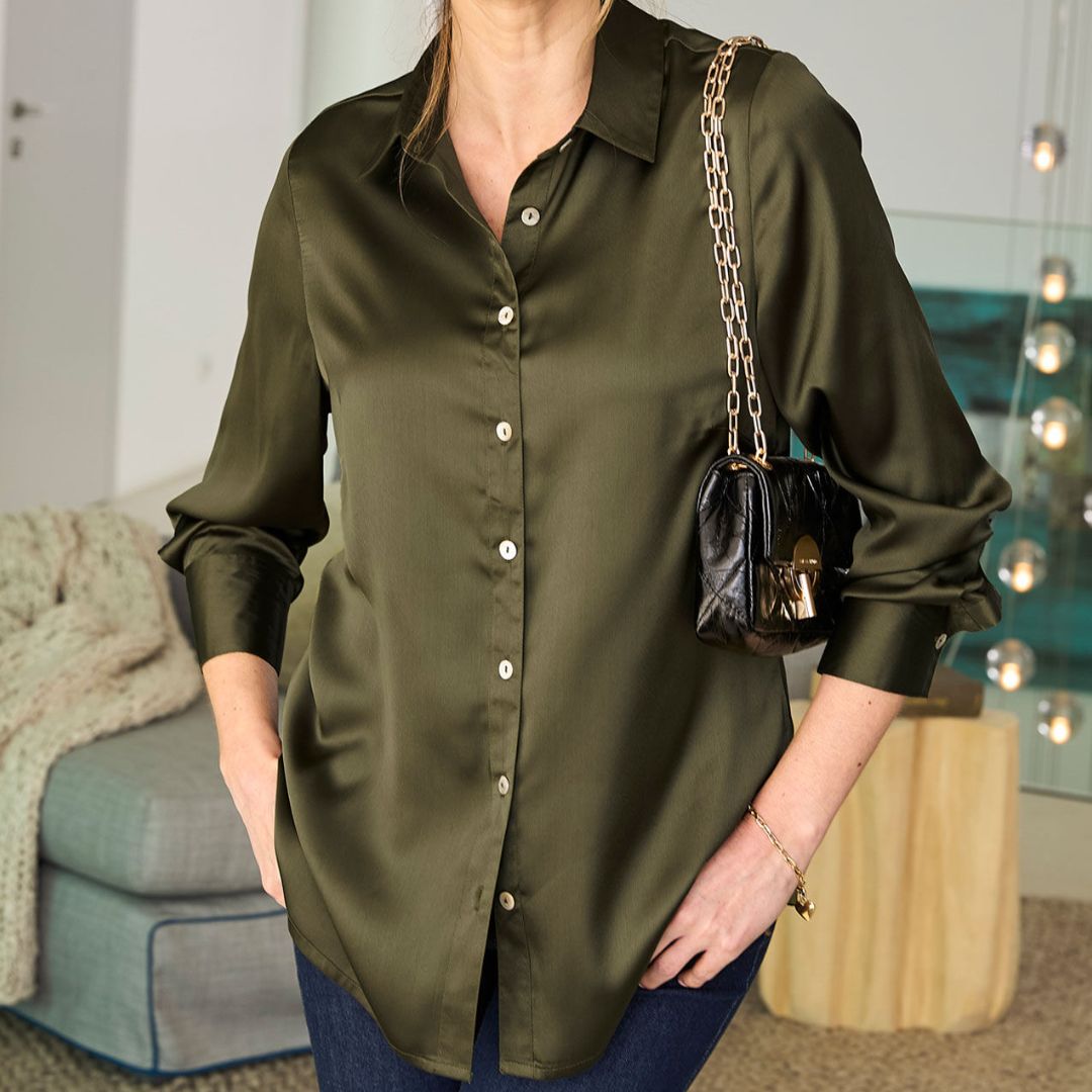 Cotton Traders Plain Olive Satin Shirt