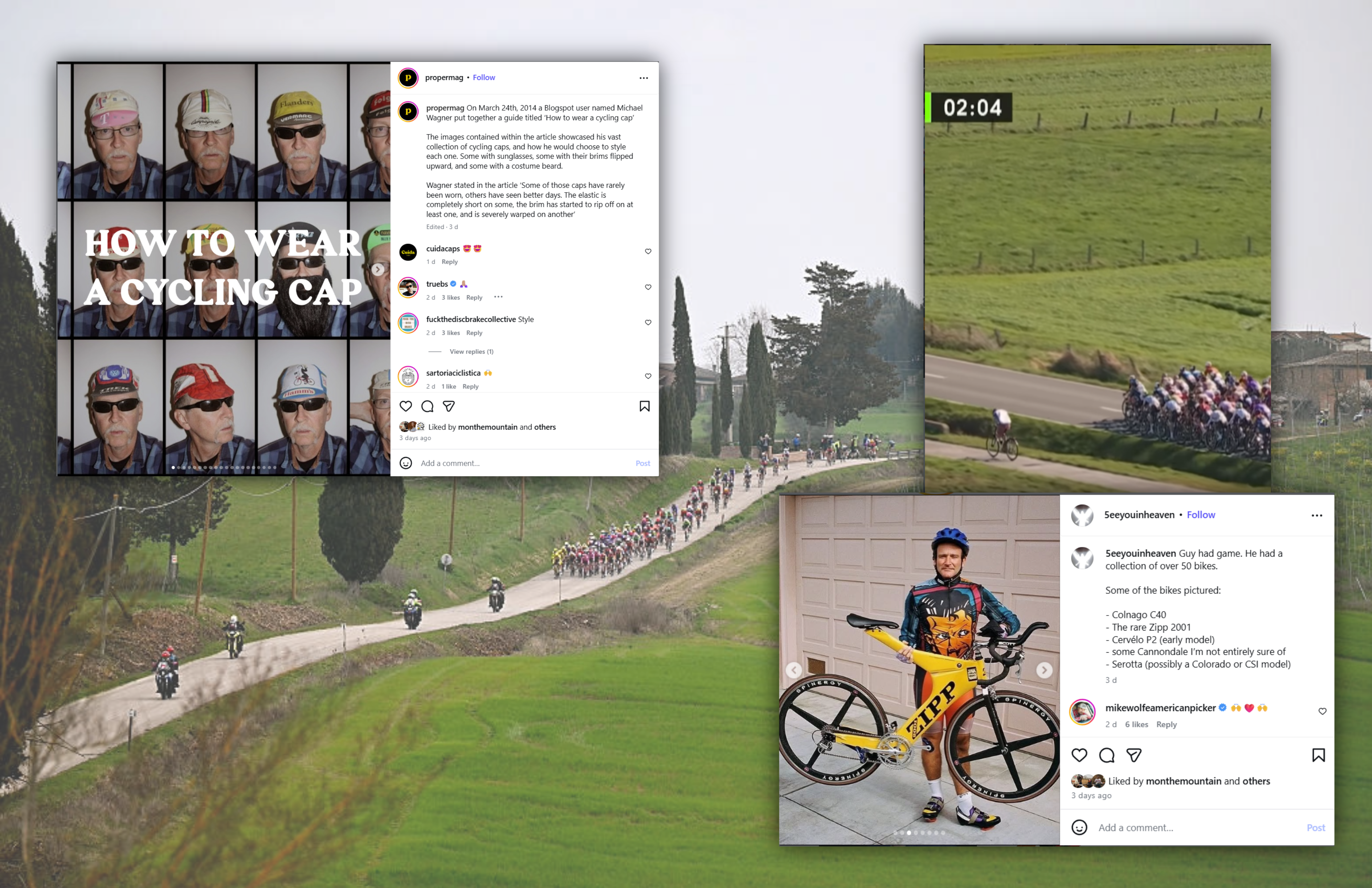 screenshots over a scene of a bike race