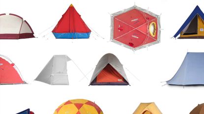 Photographs of camping tents on a white background