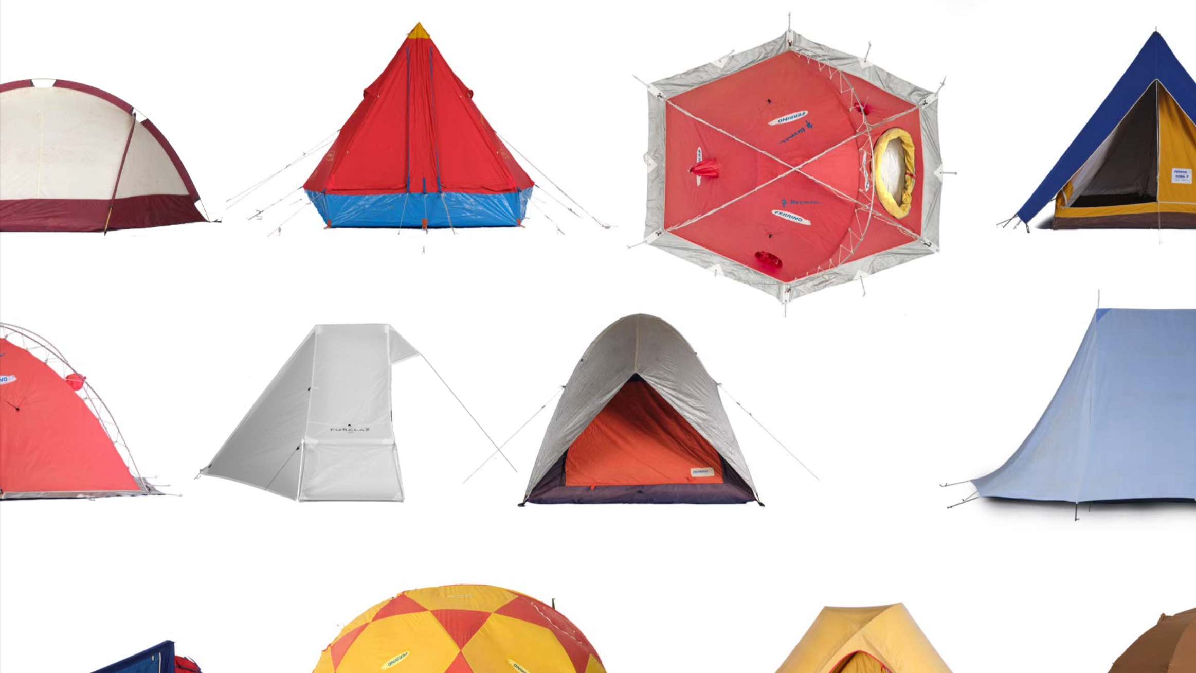 Photographs of camping tents on a white background