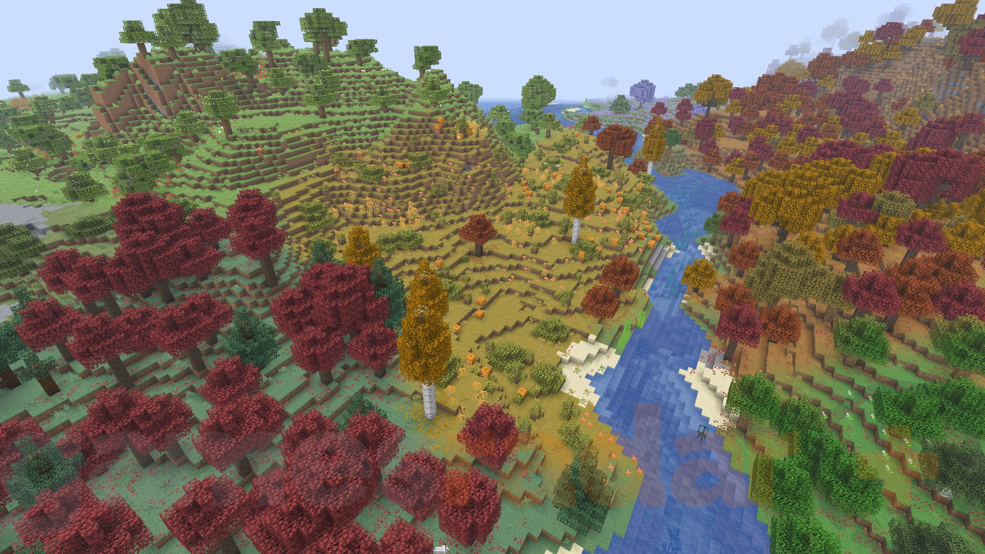 A landscape shows an array of new biomes added with the Biomes O'Plenty Minecraft mod.