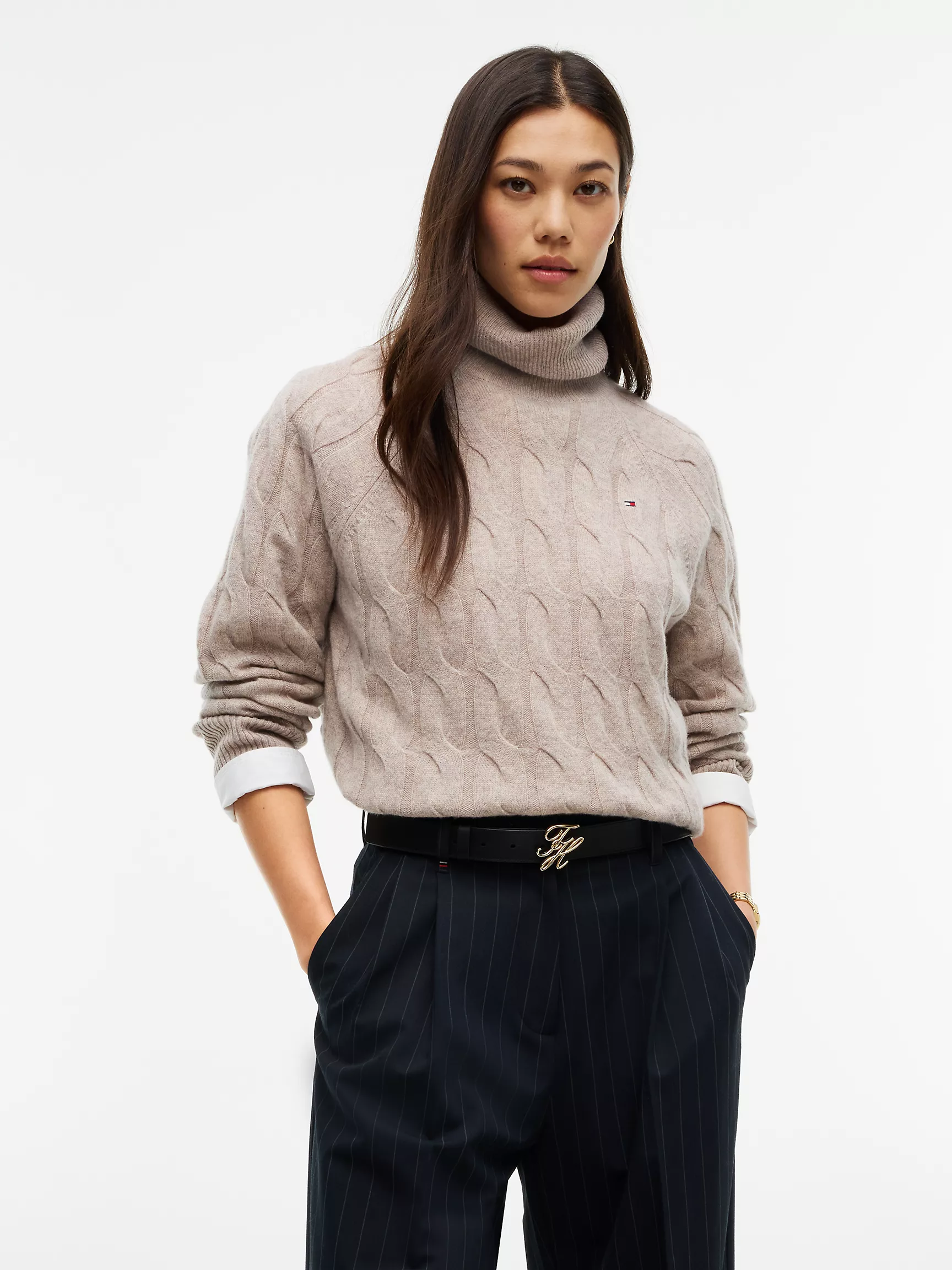 Cable Knit Wool Turtleneck Sweater