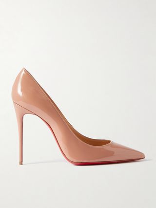 tan patent leather pointy-toe pumps