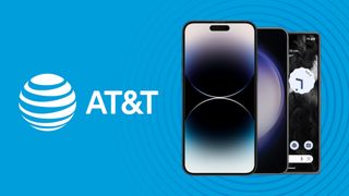 iPhone 14, Galaxy S23, and Google Pixel 7 on blue background with AT&T logo