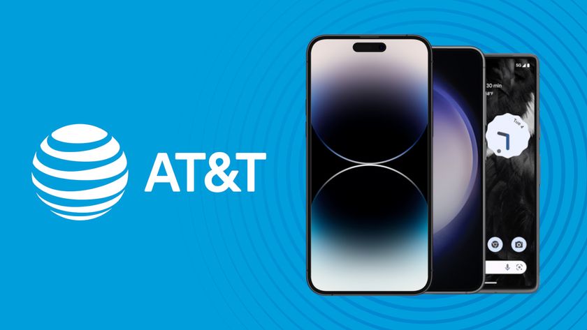 iPhone 14, Galaxy S23, and Google Pixel 7 on blue background with AT&amp;T logo