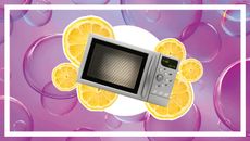 A microwave on a pink background with lemon slices around it.