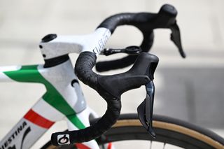 Detail of the handlebars fitted to Simone Velasco's Wilier Filante SLR race bike