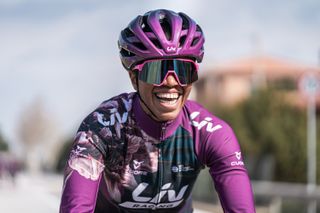 Liv Racing's Ayesha McGowan in full-purple Liv kit with a huge smile on her face
