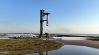 SpaceX's Starship Flight 5 rocket hanging from its launch pad after landing