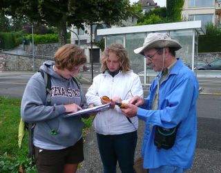 Ava Pope, Kelly Schnarr and Roger Sinnott calculate the slope of the hill near Villa Diodati using GPS positions and elevations.