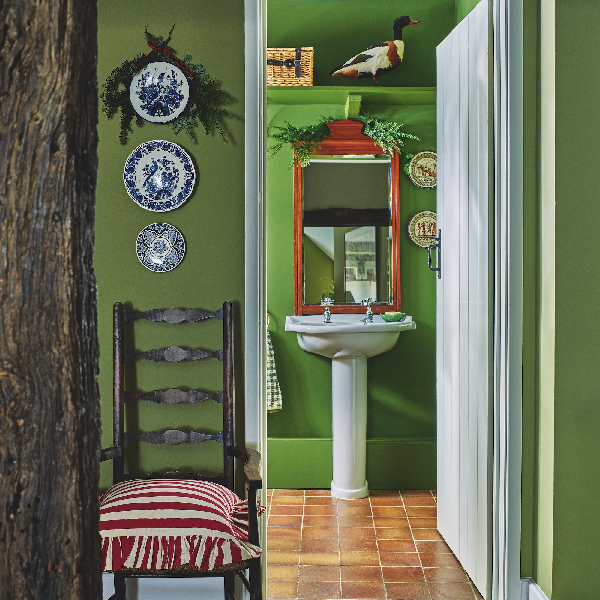 view from green painted hallway into green painted wc cloakroom with white basin with mirror above