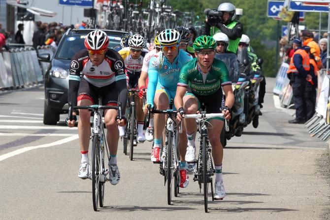 Gr&eacute;gory Rast (RadioShack Leopard), Maxim Iglinskiy (Astana) and Thomas Voeckler (Europcar) at the front of the seven-man break